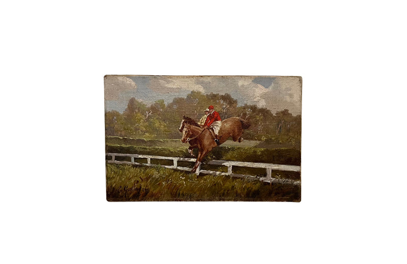 Unframed, small oil on canvas painting of a steeple chase by Guillon circa 1920