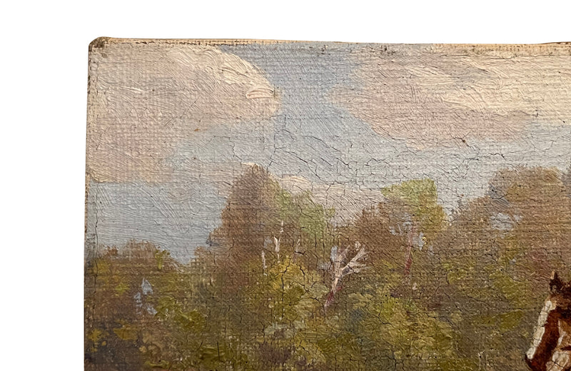 Unframed, small oil on canvas painting of a steeple chase by Guillon circa 1920