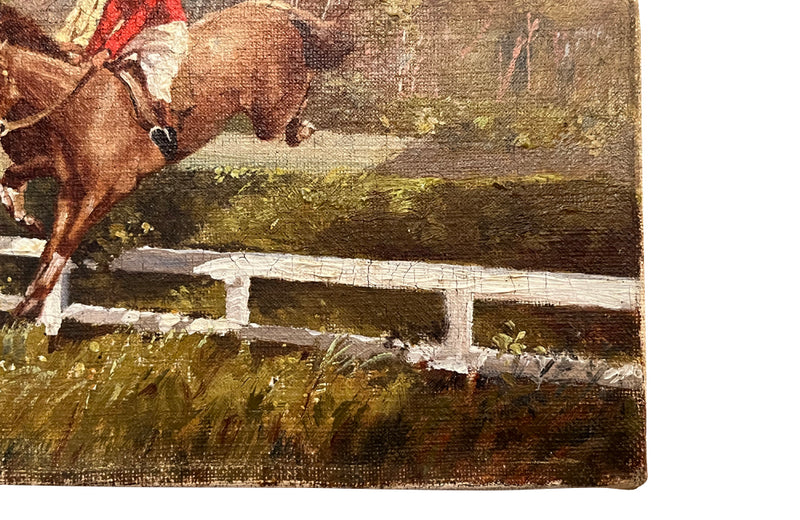 Unframed, small oil on canvas painting of a steeple chase by Guillon circa 1920