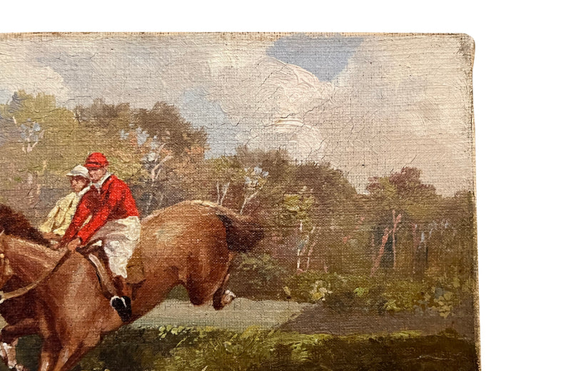 Unframed, small oil on canvas painting of a steeple chase by Guillon circa 1920