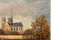 Small 20th century signed, oil on canvas painting by the Seine in Paris with Notre Dame Cathedrale