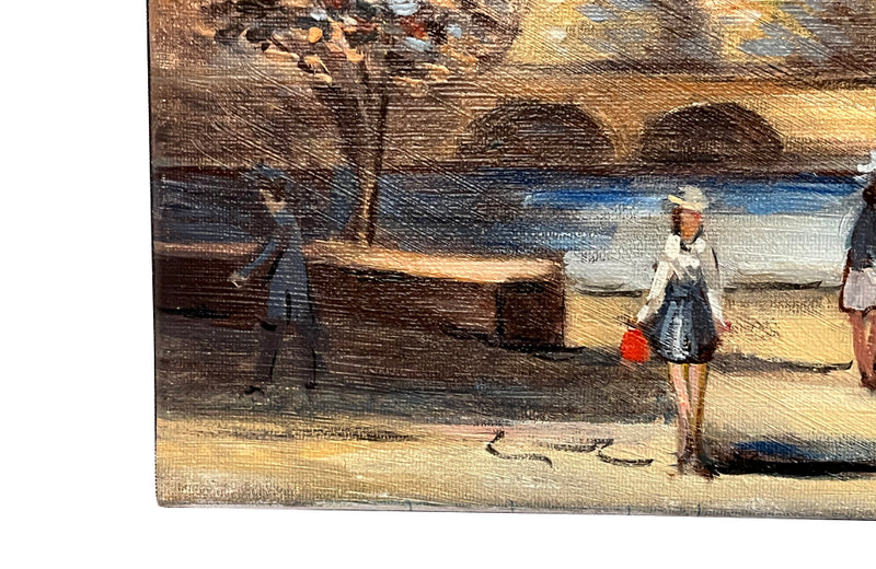 Small 20th century signed, oil on canvas painting by the Seine in Paris with Notre Dame Cathedrale