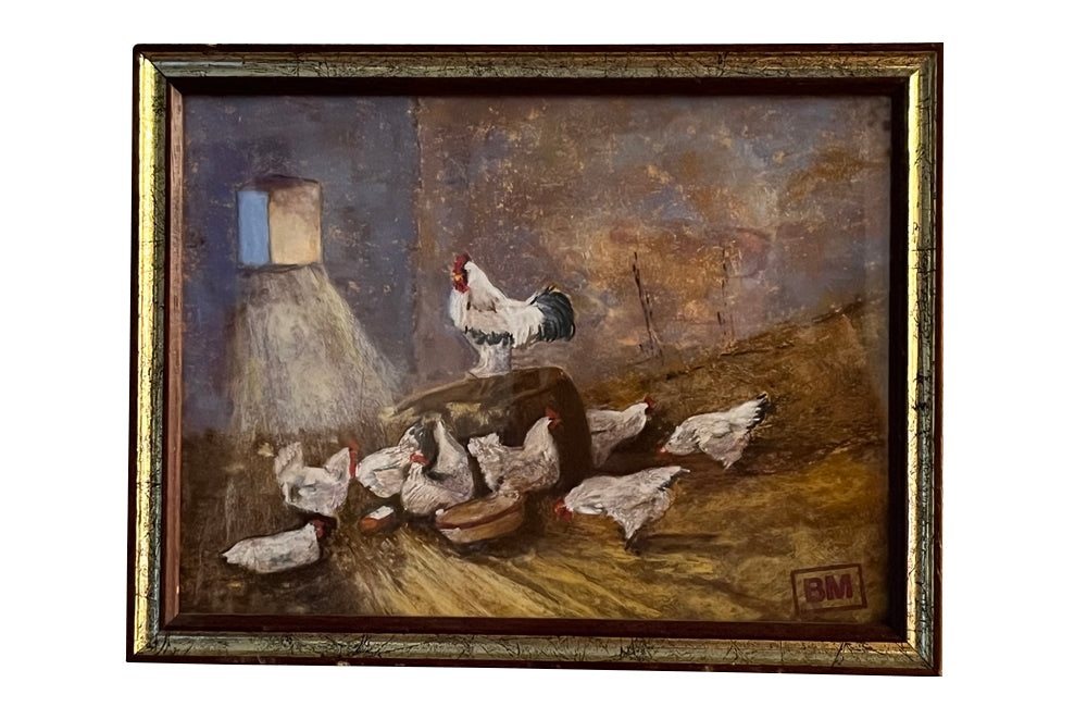 Charming, framed, small pastel painting of chickens in a barn with morning sunlight streaming through a window.