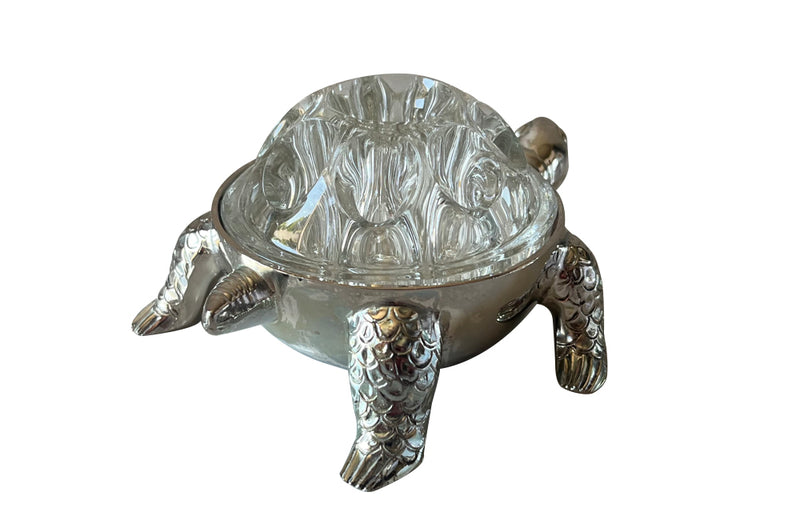  Mid 20th century silverplate turtle ringed holder with glass 9 hole flower holder. 