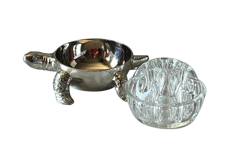  Mid 20th century silverplate turtle ringed holder with glass 9 hole flower holder. 