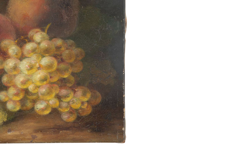 Small, 19th century, French oil on canvas still life painting of grapes and peaches.