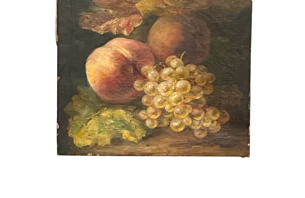 Small, 19th century, French oil on canvas still life painting of grapes and peaches.