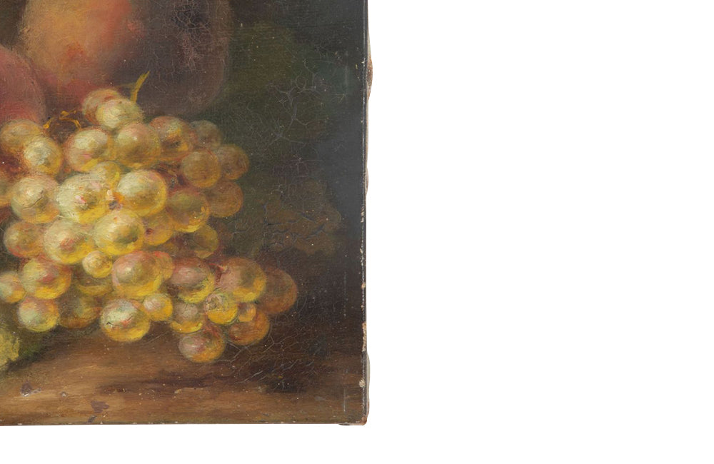 Small, 19th century, French oil on canvas still life painting of grapes and peaches.