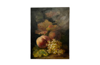 Small, 19th century, French oil on canvas still life painting of grapes and peaches.