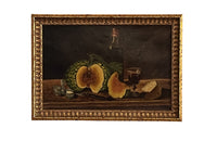 Small early 20th century French still life oil on canvas painting of a table with melon, salt, pepper , knife and wine. 