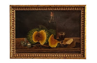 Small early 20th century French still life oil on canvas painting of a table with melon, salt, pepper , knife and wine - French Antiques