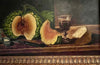 Small early 20th century French still life oil on canvas painting of a table with melon, salt, pepper , knife and wine - French Antiques