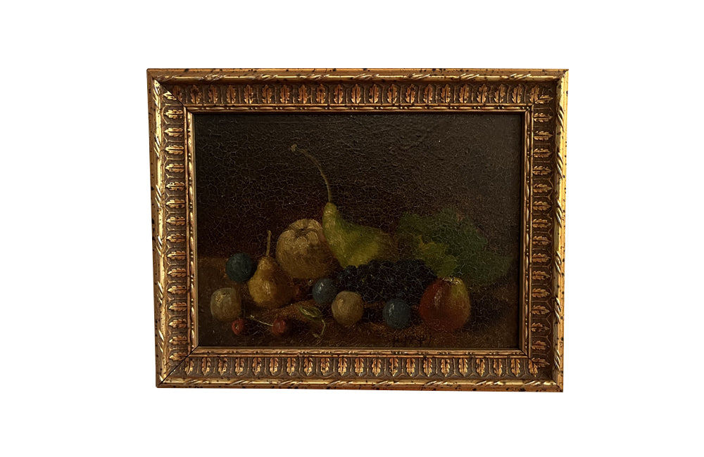 Small early 20th century French still life oil on board painting of pears, plums, cherries, grapes, peach and a quince.