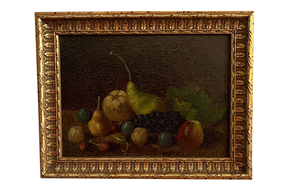 Small early 20th century French still life oil on board painting of pears, plums, cherries, grapes, peach and a quince.