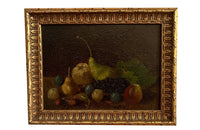 Small early 20th century French still life oil on board painting of pears, plums, cherries, grapes, peach and a quince.