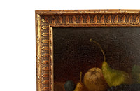 Small early 20th century French still life oil on board painting of pears, plums, cherries, grapes, peach and a quince.