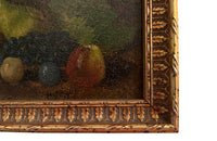 Small early 20th century French still life oil on board painting of pears, plums, cherries, grapes, peach and a quince.