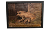 Antique oil painting of Sow & Six piglets 19th Century French 