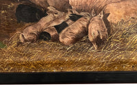 Antique oil painting of Sow & Six piglets 19th Century French 