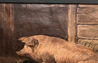 Antique oil painting of Sow & Six piglets 19th Century French 