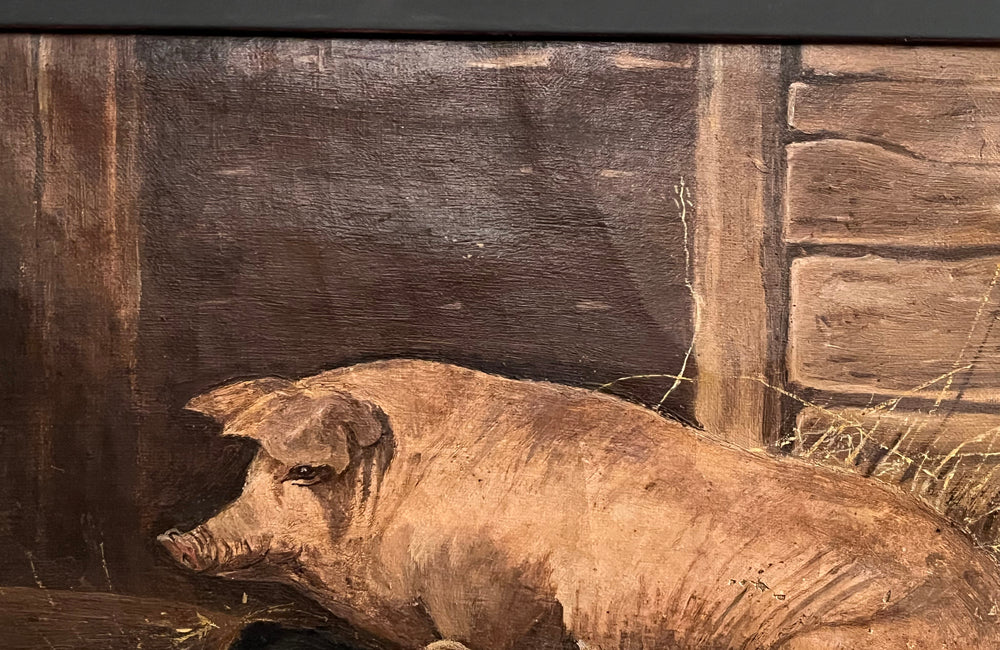 Antique oil painting of Sow & Six piglets 19th Century French 
