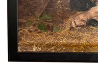 Antique oil painting of Sow & Six piglets 19th Century French 