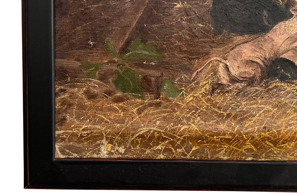 Antique oil painting of Sow & Six piglets 19th Century French 