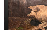 Antique oil painting of Sow & Six piglets 19th Century French 
