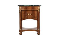 Small Empire syle side table with green marble top, upper drawer,  2 door cupboard and lower shelf by Rinck