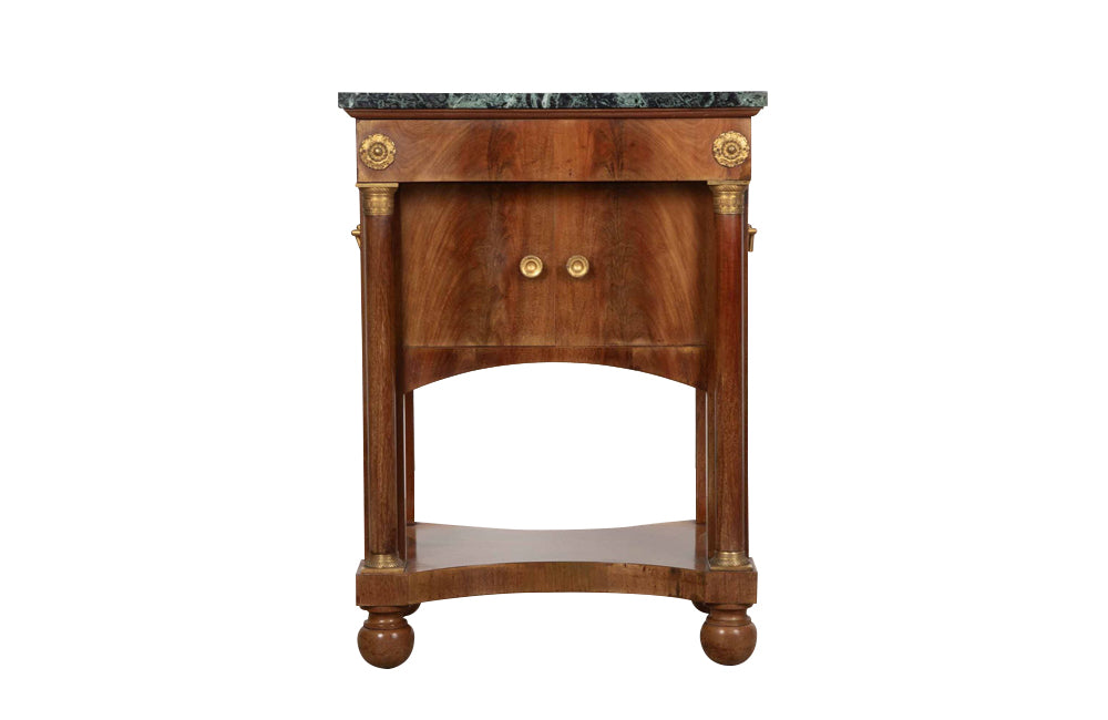 Small Empire syle side table with green marble top, upper drawer,  2 door cupboard and lower shelf by Rinck