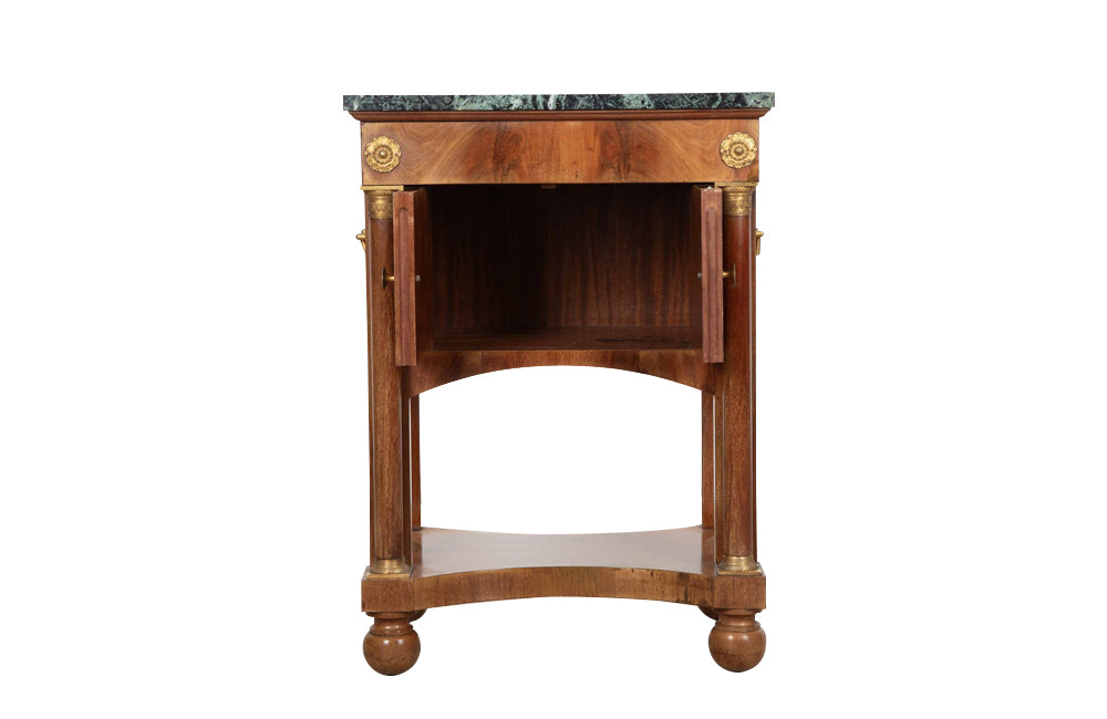 Small Empire syle side table with green marble top, upper drawer,  2 door cupboard and lower shelf by Rinck