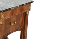 Small Empire syle side table with green marble top, upper drawer,  2 door cupboard and lower shelf by Rinck