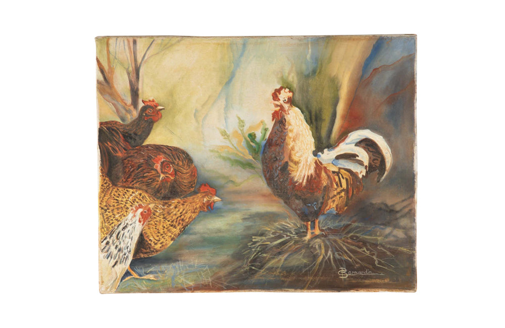 Vintage painting 'Rooster and Four Hens' French