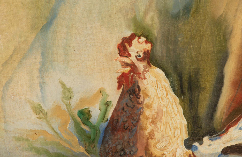 Vintage painting 'Rooster and Four Hens' French