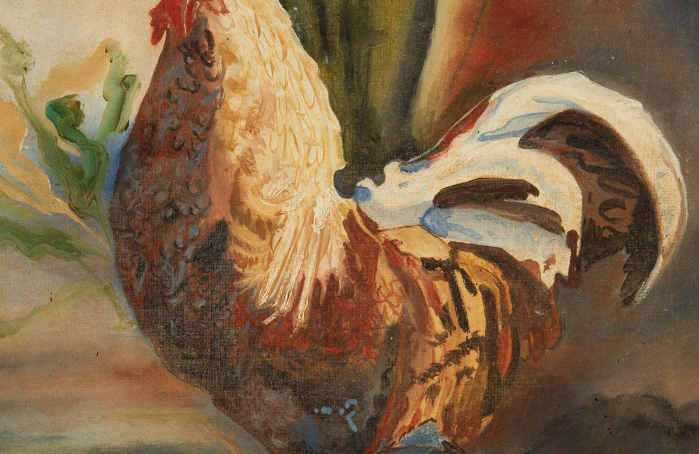 Vintage painting 'Rooster and Four Hens' French