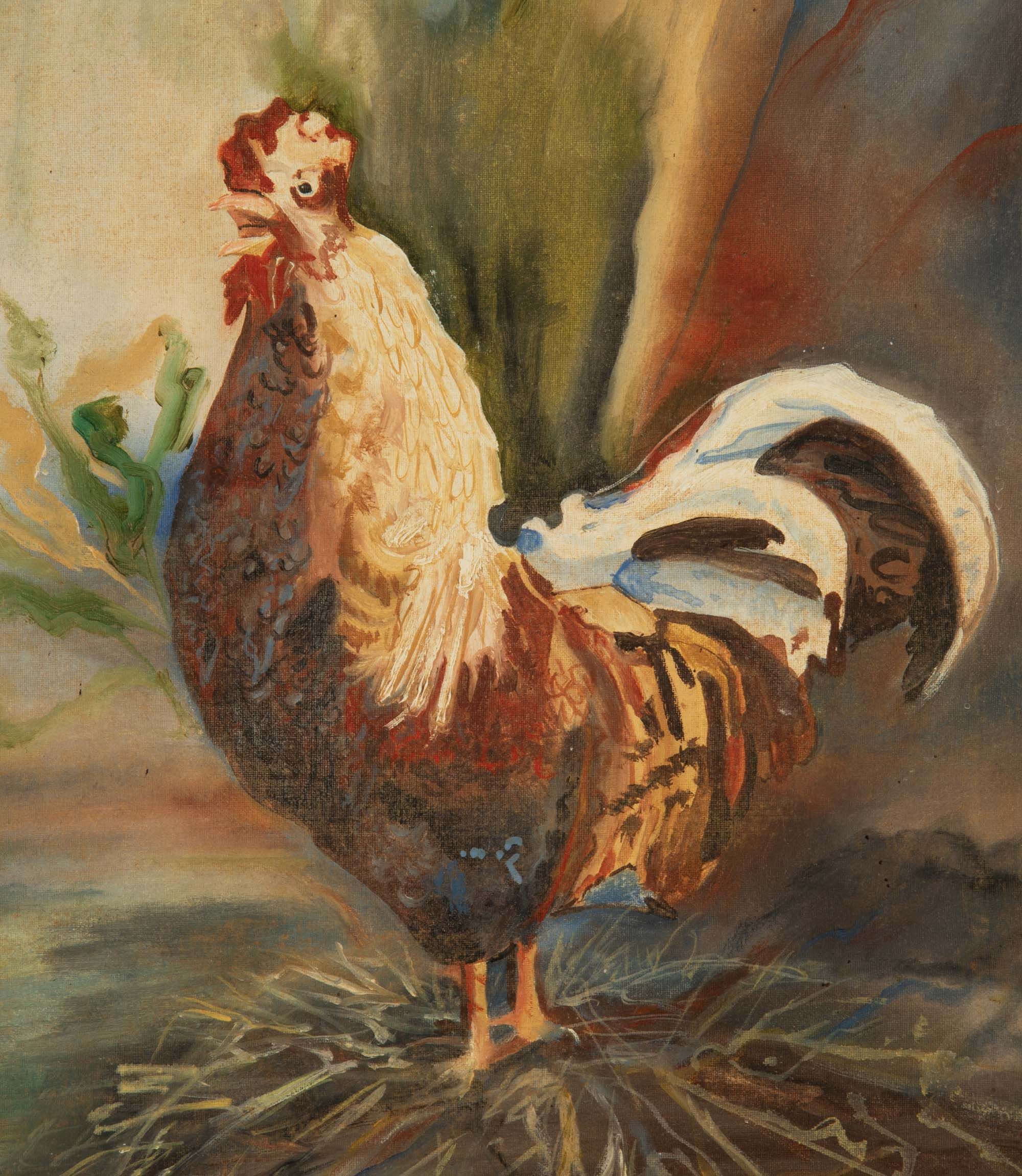 Vintage painting 'Rooster and Four Hens' French