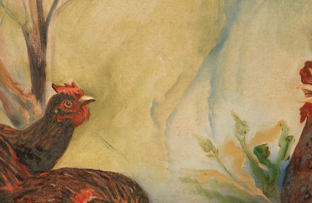 Vintage painting 'Rooster and Four Hens' French