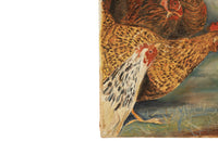 Vintage painting 'Rooster and Four Hens' French