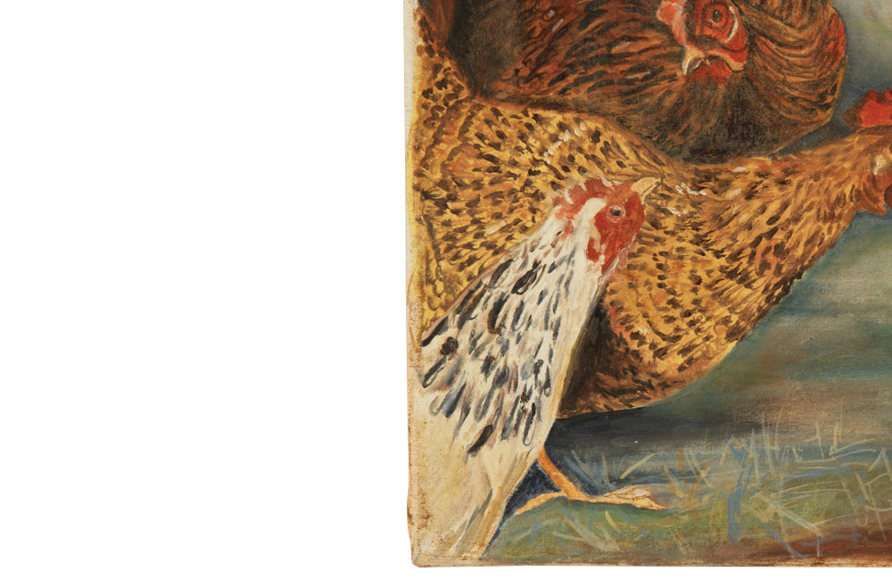Vintage painting 'Rooster and Four Hens' French