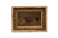 Charming small 19th Century French oil on board painting of chickens signed Jacques