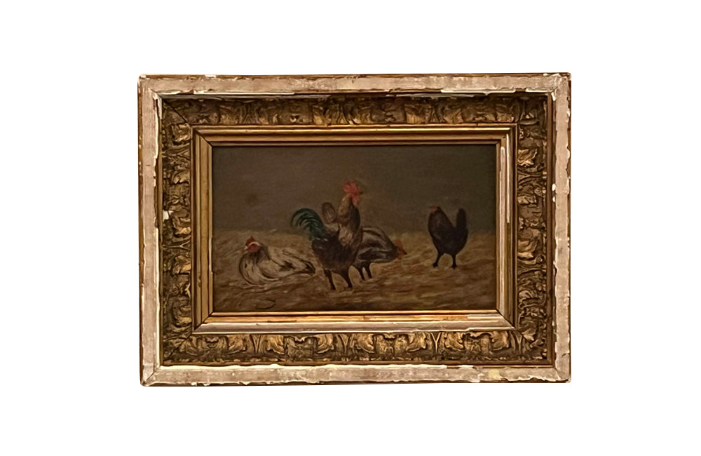 Charming small 19th Century French oil on board painting of chickens signed Jacques