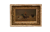 Charming small 19th Century French oil on board painting of chickens signed Jacques