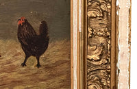 Charming small 19th Century French oil on board painting of chickens signed Jacques