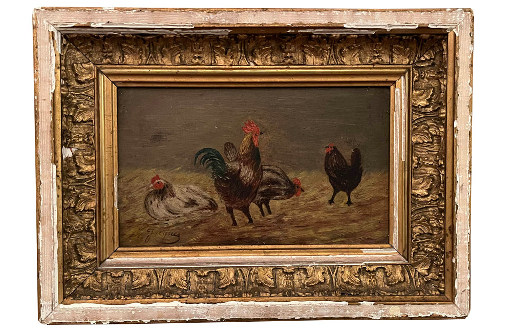 Charming small 19th Century French oil on board painting of chickens signed Jacques