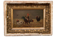 Charming small 19th Century French oil on board painting of chickens signed Jacques
