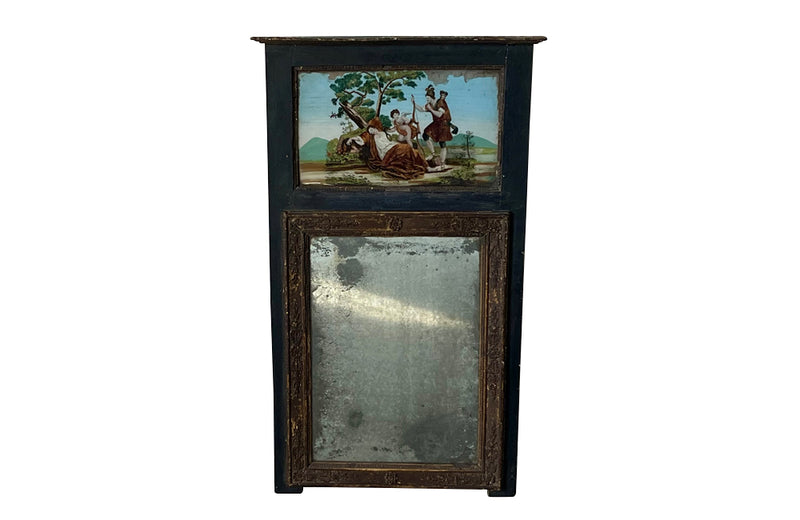 Charming, early 19th Century French trumeau mirror with original reverse painting depicting Cupid and Adonis by a sleeping Venus