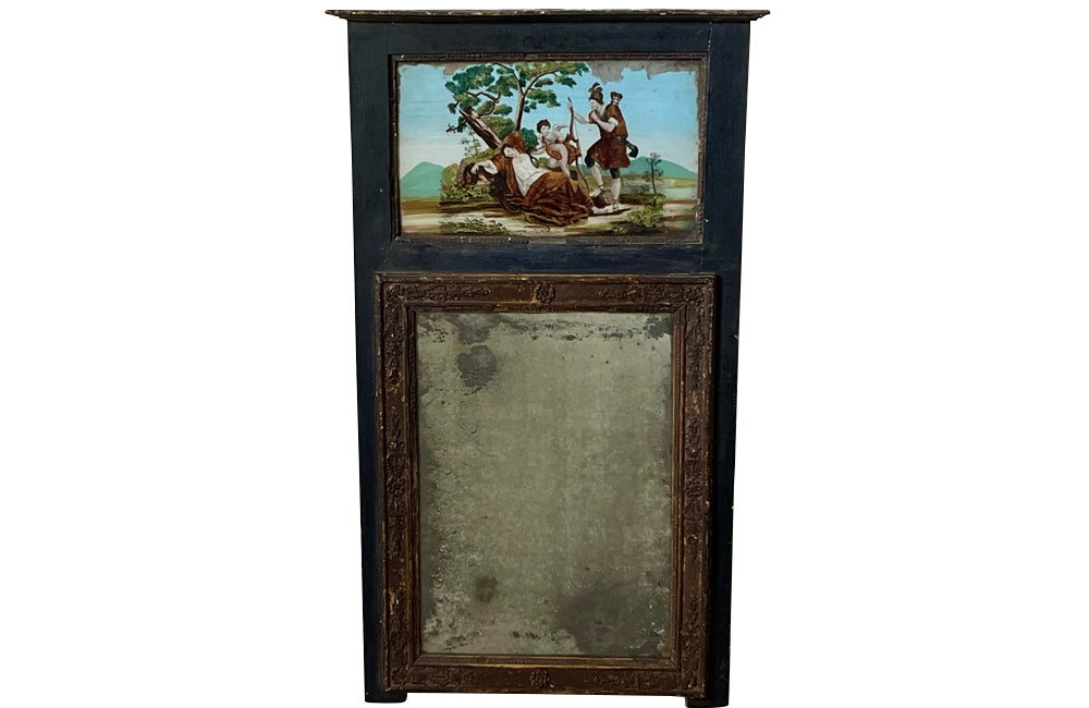 Charming, early 19th Century French trumeau mirror with original reverse painting depicting Cupid and Adonis by a sleeping Venus