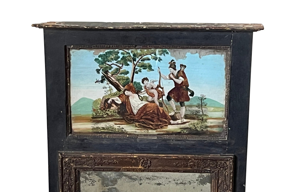 Charming, early 19th Century French trumeau mirror with original reverse painting depicting Cupid and Adonis by a sleeping Venus