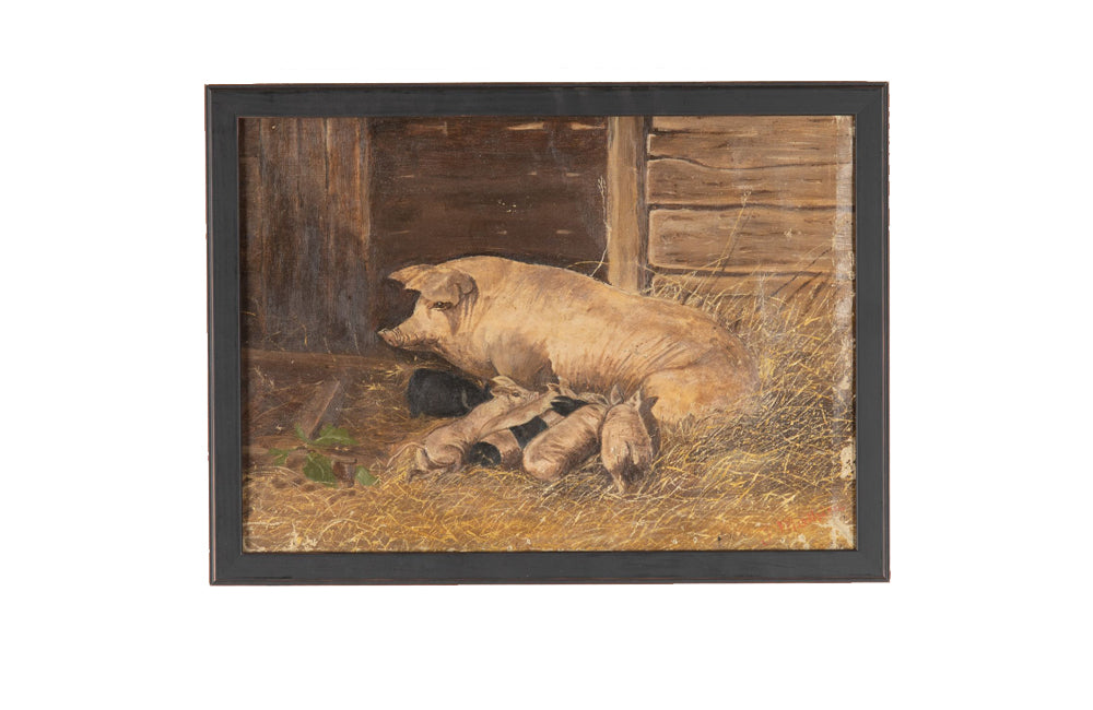 Antique oil painting of Sow & Six piglets 19th Century French 