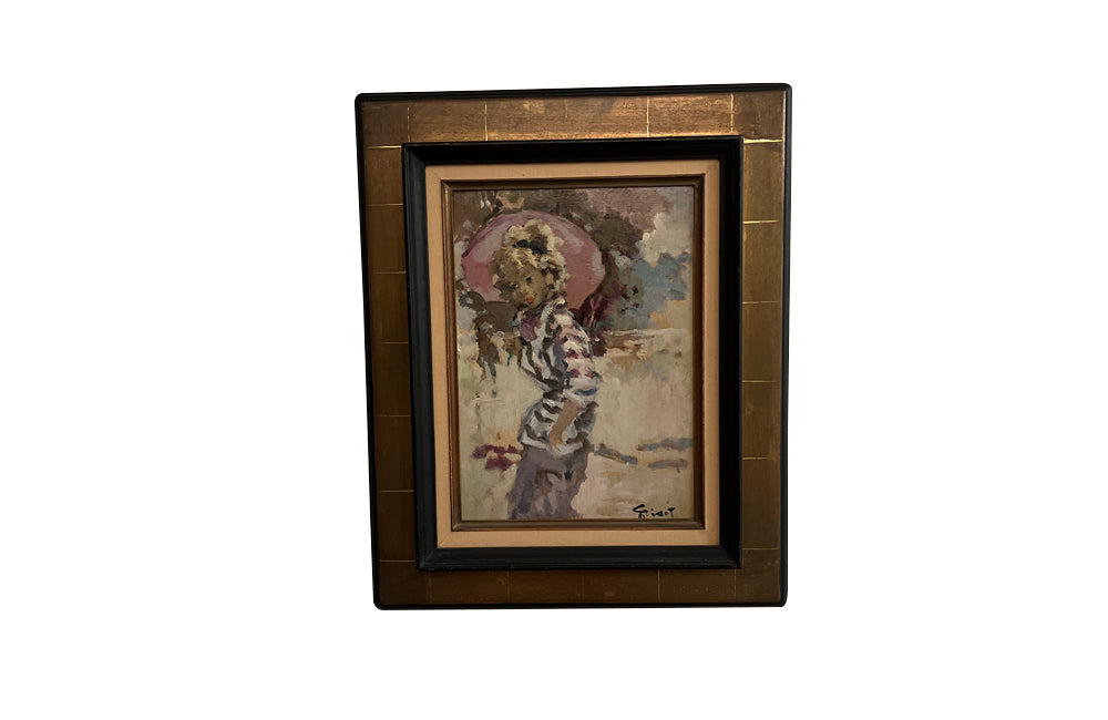 20th Century French oil on board painting, 'L'Averse' (The Downpour) in a gilt frame by Pierre Grisot